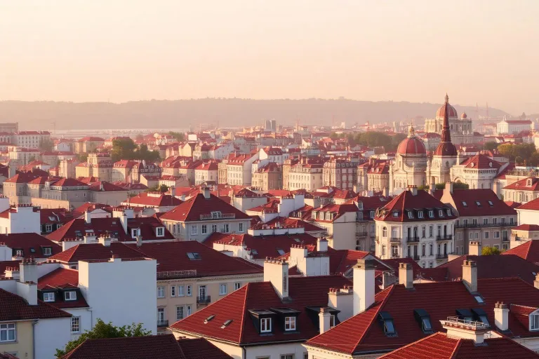 Cidade europeia com telhados de terracota ao entardecer